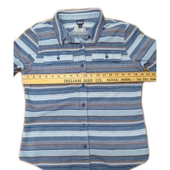 PATAGONIA Womens Fjord Flannel Shirt Blue Brown White Stripe Organic Cotton sz M - Picture 10 of 12